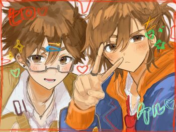 2boys alternate_costume brothers brown_eyes brown_hair brown_sweater character_name collarbone commentary_request dark-skinned_male dark_skin double-parted_bangs ear_piercing glasses grey-framed_eyewear hair_between_eyes hair_ornament hairclip hero_(faraway)_(omori) hero_(omori) highres hood hoodie jewelry kel_(faraway)_(omori) kel_(omori) long_sleeves looking_at_viewer lower_teeth_only male_focus multiple_boys necktie omori orange_hoodie piercing rectangular_eyewear red_necktie ring semi-rimless_eyewear shirt shirt_under_shirt short_hair siblings sketch sweater teeth tongue translated under-rim_eyewear v waiwaisiyo_ze white_shirt x_hair_ornament