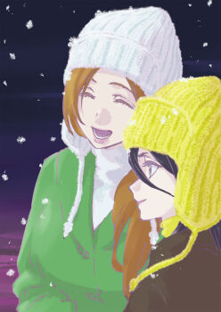 2girls beanie black_hair bleach breasts brown_jacket closed_eyes closed_mouth green_jacket happy hat inoue_orihime jacket kubo_tite kuchiki_rukia long_hair medium_hair multiple_girls official_art open_mouth orange_hair second-party_source snow snowing upper_body