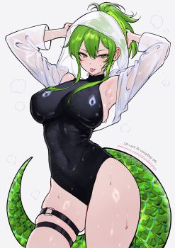 1girl absurdres alternate_costume arknights arknights:_endfield armpits arms_up black_leotard breasts fluorite_(arknights) green_eyes green_hair hair_through_hood highres hood hooded_shrug large_breasts leotard lizard_tail looking_at_viewer qiandaiyiyu reptile_girl shrug_(clothing) solo tail tongue tongue_out wet wet_clothes white_background white_shrug