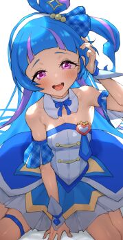 1girl aokaze_nana bare_shoulders blue_bow blue_bowtie blue_dress blue_hair blue_ribbon blue_sleeves blue_wrist_cuffs bow bowtie breasts collar commentary cure_wink detached_collar detached_sleeves dress hair_ribbon hairband hand_in_own_hair heart heart-shaped_hair highres kimi_to_idol_precure long_hair looking_at_viewer magical_girl mo_(boo1719501boo) multicolored_hair one_side_up open_mouth plaid_ribbon precure purple_eyes purple_hair ribbon short_sleeves small_breasts smile solo strapless strapless_dress streaked_hair teeth thigh_strap two-tone_dress two-tone_hair upper_teeth_only variant_set very_long_hair white_collar white_dress white_hairband wrist_cuffs