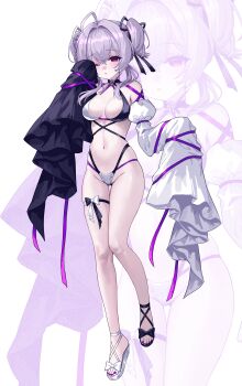 1girl :o absurdres ahoge alternate_breast_size_(larger) alternate_costume asymmetrical_footwear bare_shoulders bikini blush breasts cleavage commentary_request cowboy_shot detached_sleeves full_body goddess_of_victory:_nikke groin hair_ribbon highres kyundoo liberalio_(nikke) long_hair looking_at_viewer medium_breasts mismatched_footwear multicolored_bikini navel parted_lips pink_eyes purple_hair purple_ribbon ribbon rubbing_eyes sandals simple_background sleeves_past_wrists solo standing swimsuit thigh_strap two-tone_bikini two_side_up white_background