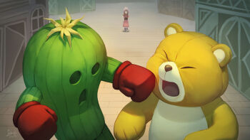 Rule 34 | 1girl, absurdres, boxing gloves, cactus, digimon, digimon (creature), digimon adventure, dress, gloves, highres, karta3490350, long hair, monzaemon, pink dress, plant monster, punching, red gloves, stuffed animal, stuffed toy, tachikawa mimi, teddy bear, togemon
