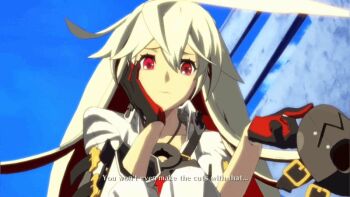 1girl 3d animated animated_gif arc_system_works ass belt bodysuit breasts candy female_focus fingernails_over_gloves food game_screenshot gloves guilty_gear guilty_gear_xrd halo jack-o&#039;_valentine jewelry lollipop long_hair looking_at_viewer mask medium_breasts multicolored_hair necklace red_eyes red_hair solo two-tone_hair video_game_screencap white_bodysuit white_hair