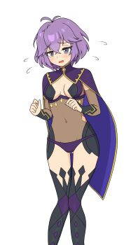 1girl absurdres bernadetta_von_varley black_thighhighs blue_cape blush breasts cape cleavage cosplay covered_navel dark_mage_(fire_emblem_fates) eyes_visible_through_hair feet_out_of_frame fire_emblem fire_emblem:_three_houses fire_emblem_fates gold_trim groin highres medium_breasts navel nervous nervous_sweating nintendo nyx_(fire_emblem) nyx_(fire_emblem)_(cosplay) open_mouth panties patterned_legwear purple_cape purple_eyes purple_hair purple_panties purple_thighhighs sheer_sleeves short_hair simple_background solo_focus sweat thighhighs tongue two-tone_cape two-tone_thighhighs underwear white_background