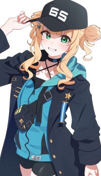 1girl baseball_cap black_choker blonde_hair choker double_bun ecliygame green_eyes hair_bun hat highres hood hoodie jacket kaburaki_roco long_hair looking_at_viewer nijisanji open_mouth shorts skindentation solo standing teeth twintails virtual_youtuber