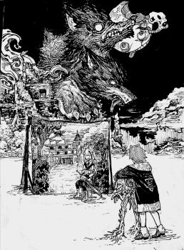 Rule 34 | 2girls, ange katrina, ange katrina (1st costume), animal, animalization, backdrop, cerberus, commentary request, crease, dog, food bite, greyscale, hatching (texture), hexagram, highres, holding, holding sword, holding weapon, inui toko, linear hatching, lize helesta, lize helesta (1st costume), monochrome, moon with face, multiple girls, nijisanji, oversized animal, ruins, sanbaka (nijisanji), scan, shou-star, sitting, standing, sword, taking picture, tongue, tongue out, traditional media, virtual youtuber, weapon, wide shot