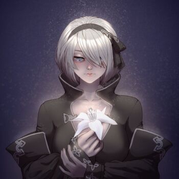 Rule 34 | 1girl, 2b (nier:automata), black hairband, blue eyes, bob cut, cleavage cutout, clothing cutout, commentary, english commentary, flower, glowing flower, hairband, looking at object, looking down, nier:automata, nier (series), one eye closed, pulkamen, short hair, solo, stamen, white flower, white hair