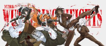 2025 4girls :/ apron arm_behind_back bag between_fingers black_dress black_hair black_pantyhose black_ribbon blood blood_on_clothes bloody_weapon blue_eyes bow broom brown_bag brown_hair brown_hairband brown_jacket brown_pants brown_ribbon brown_shoes butler clenched_hand collared_dress collared_shirt commentary dark-skinned_female dark_skin dress english_commentary faust_(project_moon) female_butler fighting_stance floating_hair frilled_hairband frills hairband hand_up highres holding holding_broom holding_knife ishmael_(project_moon) jacket juliet_sleeves kicking knife knives_between_fingers krab_(fumekrab) limbus_company long_dress long_hair long_sleeves looking_to_the_side maid medium_hair monocle multiple_girls neck_ribbon orange_eyes orange_hair outis_(project_moon) pants pantyhose ponytail project_moon puffy_sleeves red_eyes ribbon ryoshu_(project_moon) serious shirt shoes short_hair shoulder_bag smile text_background throwing_knife twitter_username watermark weapon white_apron white_background white_bow white_hair white_pantyhose white_shirt wuthering_heights_(identity)_(project_moon)