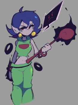 1girl 2024 angry baggy_pants ball_earrings bare_shoulders blue_hair bob_cut bracelet breasts collarbone colored_skin commentary contrapposto doukutsu_monogatari earrings energy english_commentary feet_out_of_frame female_focus green_hoodie green_pants grey_background holding holding_staff hood hoodie jewelry looking_at_viewer medium_breasts midriff misery_(cave_story) pants pointy_ears red_eyes shammah sleeveless sleeveless_hoodie solo spoken_expression staff standing white_skin