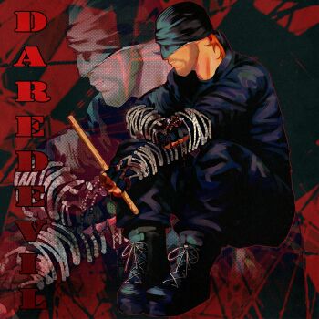 1boy absurdres beard blindfold blood daredevil daredevil_(netflix) facial_hair grotesqueribs highres holding horns male_focus marvel mask matt_murdock muscular pants red_hair short_hair solo superhero_costume weapon