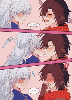! 2girls akane031 blue_dress blue_eyes blush braid braided_ponytail comic dress gradient_hair grey_eyes highres kiss long_hair multicolored_hair multiple_girls red_hair ruby_rose rwby scar scar_across_eye scar_on_face short_hair weiss_schnee white_hair yuri