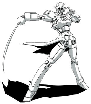 alternate_form bow bowtie butler_bensouman commentary_request epaulettes facial_hair full_body g_gundam gundam highres holding holding_sword holding_weapon joints ledjoker07 mecha mobile_suit monochrome mustache no_humans no_pupils partially_shaded_face rapier robot robot_joints science_fiction shadow simple_background solo standing sword vest waistcoat weapon white_background