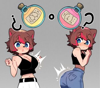 1girl ? ^^^ animal_ears artist_request ass blue_eyes blue_pants blush breasts brown_hair commentary_request denim grey_background highres indie_virtual_youtuber jeans large_breasts looking_at_viewer multicolored_hair multiple_views navel pants potion raccoon_ears raccoon_girl rakkun_sutaru red_hair spanish_commentary streaked_hair white_pants