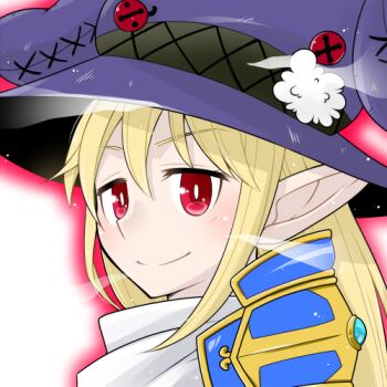 Rule 34 | 1girl, armor, blonde hair, blush, closed mouth, commentary request, hat, long hair, looking at viewer, lowres, oekakipikki, official alternate costume, pauldrons, pointy ears, portrait, purple hat, ragnarok online, red eyes, royal guard (ragnarok online), shoulder armor, simple background, smile, solo, white background, witch hat