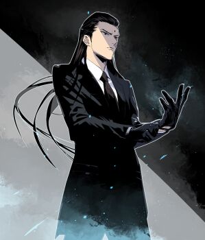 1boy adjusting_clothes adjusting_gloves bindi black_background black_eyes black_gloves black_hair black_jacket black_pants black_suit cofffee final_fantasy final_fantasy_vii final_fantasy_vii_remake formal_clothes gloves grey_background hair_slicked_back jacket long_hair looking_to_the_side necktie pants shirt sideburns solo square_enix suit tseng turks_(ff7) two-tone_background upper_body white_shirt