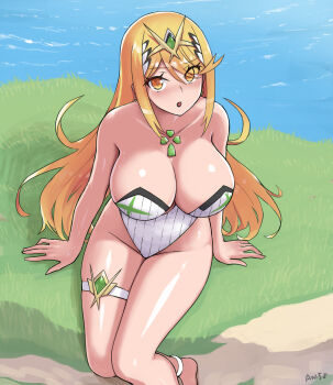 1girl angoha blonde_hair breasts cleavage highres large_breasts mythra_(radiant_beach)_(xenoblade) mythra_(xenoblade) solo xenoblade_chronicles_(series) xenoblade_chronicles_2