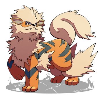 arcanine bright_pupils brown_eyes fangs gen_1_pokemon looking_at_viewer mistray-art nintendo no_humans numbered orange_fur pokemon pokemon_(creature) signature simple_background solo tail white_background white_pupils