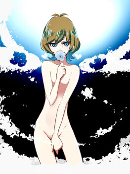 1girl antenna_hair artist_request bad_id bad_pixiv_id bare_arms bare_back bare_hips bare_legs bare_pectorals bare_shoulders black_background blue_background blue_eyes blue_flower blue_sky brown_hair clear_sky completely_nude covering_crotch covering_own_mouth covering_privates dappled_sunlight detached_wings facing_viewer flat_chest flower holding holding_flower leaning_to_the_side looking_at_viewer no_nipples nude outdoors pectorals short_hair sky spread_wings sunlight two-tone_background white_petals white_wings wind wings yu-gi-oh! yu-gi-oh!_vrains zaizen_aoi