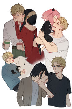 2boys 2girls anya_(spy_x_family) black_dress black_hair black_shirt black_shoes blue_eyes blue_shirt bond_(spy_x_family) cardigan child closed_eyes coffee_mug collarbone commentary_request cup dog dress earrings flats furrowed_brow gold_earrings green_pants grey_cardigan grey_shirt hairband hairpods hanakan hands_on_another's_cheeks hands_on_another's_face highres holding holding_another's_arm holding_cup husband_and_wife jewelry kiss laughing licking licking_another's_face long_hair medium_hair mug multiple_boys multiple_girls neck_ribbon off-shoulder_dress off_shoulder one_eye_closed open_mouth pants pink_hair red_dress ribbon shirt shoes sidelocks smile spy_x_family t-shirt twilight_(spy_x_family) updo white_background white_hairband white_ribbon white_shirt yor_briar yuri_briar