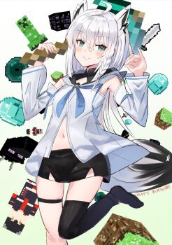 1girl ahoge animal_ears arms_up bad_id bad_twitter_id bare_shoulders black_hair black_shorts block_(object) blue_eyes blue_neckwear blush braid breasts closed_mouth creeper detached_sleeves diamond_(gemstone) ender_dragon enderpearl fox_ears fox_girl fox_tail gem grass hair_between_eyes head highres holding hololive leg_up long_hair minecraft minecraft_pickaxe nonon_(xenonbot) ookami_mio pickaxe shirakami_fubuki shirakami_fubuki_(1st_costume) shirt short_shorts shorts single_braid single_thighhigh sleeveless sleeveless_shirt smile standing standing_on_one_leg stomach sword tail thigh_strap thighhighs virtual_youtuber weapon white_hair white_shirt wide_sleeves