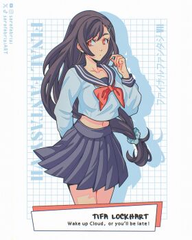 1girl arm_behind_back black_sailor_collar black_skirt brown_hair commentary english_commentary english_text final_fantasy final_fantasy_vii final_fantasy_vii:_ever_crisis hair_ornament hair_scrunchie hairclip highres long_hair long_sleeves looking_to_the_side midriff navel neckerchief official_alternate_costume pleated_skirt red_eyes red_neckerchief sailor_collar sarafabrizi school_uniform scrunchie shirt skirt solo tifa_lockhart tifa_lockhart_(midgard_seventh_high_school) very_long_hair white_shirt