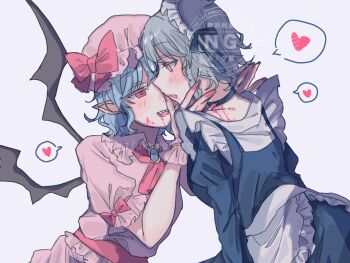 2girls amatukimahoro apron bat_wings black_choker blue_dress blue_hair choker commentary_request dress fangs frills grey_hair hands_on_another's_face hat heart heart-shaped_pupils highres izayoi_sakuya long_sleeves looking_at_another maid maid_apron maid_headdress medium_hair mob_cap multiple_girls nail_polish parted_lips pink_shirt pink_skirt pointy_ears red_eyes red_nails remilia_scarlet shirt skirt smile spoken_heart symbol-shaped_pupils teeth touhou twitter_username upper_teeth_only vampire watermark white_shirt wings