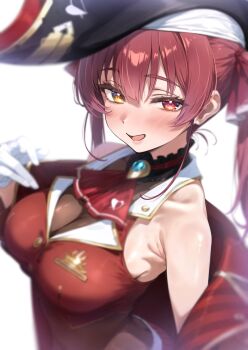 Rule 34 | 1girl, :d, armpit crease, bicorne, black choker, black hat, blush, breasts, choker, coat, commentary, cropped jacket, frilled choker, frills, gloves, gold trim, hat, heterochromia, highres, hololive, houshou marine, houshou marine (1st costume), jacket, large breasts, leotard, leotard under clothes, long hair, looking at viewer, nyarurato0debu, off shoulder, open mouth, pirate hat, red coat, red eyes, red hair, red jacket, sidelocks, simple background, sleeveless, sleeveless jacket, smile, solo, transparent background, twintails, upper body, virtual youtuber, white gloves, yellow eyes
