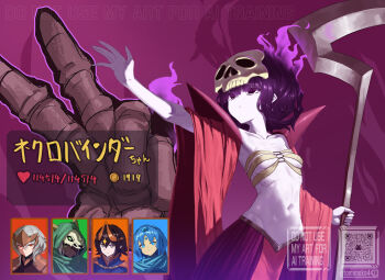 Rule 34 | 5girls, black hair, blue eyes, blue hair, blunt bangs, breasts, cape, commentary request, dark-skinned female, dark skin, forehead jewel, green eyes, grey hair, grin, holding, holding scythe, hooded robe, humanization, looking at viewer, mask, multiple girls, navel, pale skin, purple eyes, purple hair, red eyes, revealing clothes, robe, scythe, short hair, skull mask, slay the spire, slay the spire 2, small breasts, smile, star-shaped pupils, star (symbol), symbol-shaped pupils, the defect (slay the spire), the ironclad (slay the spire), the necrobinder (slay the spire), the regent (slay the spire), the silent (slay the spire), tom-neko (zamudo akiyuki), translation request, v