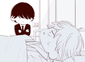 2boys bed chainsaw_man chibi chibi_only crossed_arms deer60868637 denji_(chainsaw_man) ear_piercing greyscale hair_over_eyes hospital_bed jacket lying male_focus monochrome multiple_boys necktie on_back piercing short_hair suit_jacket yoshida_hirofumi