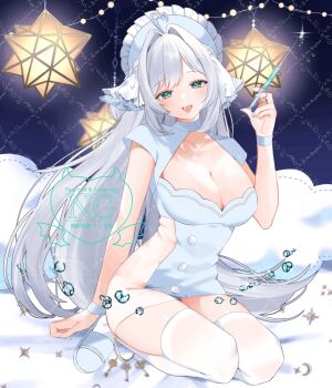 Rule 34 | 1girl, absurdres, ahoge, aqua eyes, azuki anko, blue shirt, breasts, cleavage, commentary request, commission, grey hair, heart, heart ahoge, highres, holding, holding syringe, indie virtual youtuber, jiu (vtuber), large breasts, long hair, looking at viewer, nurse, open mouth, shirt, short sleeves, sitting, skeb commission, solo, syringe, thighhighs, virtual youtuber, watermark, white thighhighs