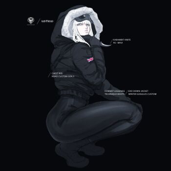 1girl absurdres arm_patch black_background black_boots black_gloves black_jacket black_leggings blunt_bangs boots cropped_jacket fur-trimmed_hood fur_trim gloves goggles goggles_on_head grey_eyes hand_up highres holding holding_knife holding_weapon hood hooded_jacket jacket karambit knife leggings long_hair long_sleeves multiple_expressions original parted_lips patch peinlike reference_sheet simple_background solo squatting union_jack weapon white_hair