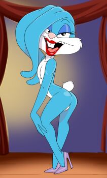 1boy aeolus blue_fur buster_bunny crossdressing crossdressing_(mtf) high_heels highres looking_at_viewer male_focus nude third-party_edit tiny_toon_adventures