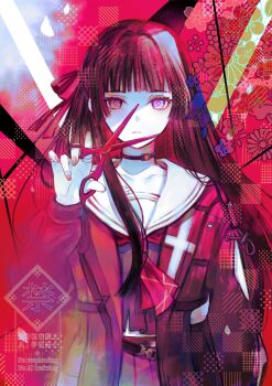 1girl black_choker black_hair black_jacket black_serafuku black_shirt black_skirt chisa_(wuthering_waves) choker closed_mouth collarbone commentary highres holding holding_scissors jacket long_hair looking_at_viewer mole mole_under_eye neckerchief quichi_91 red_neckerchief sailor_collar school_uniform scissors serafuku shirt skirt solo upper_body white_sailor_collar wuthering_waves