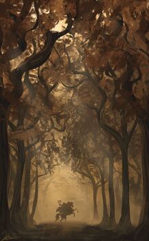 artist_name autumn blurry depth_of_field forest halloween headless headless_horseman holding holding_pumpkin horse landscape light_rays limited_palette muted_color nature original path pumpkin rearing riding riding_animal road scenery signature silhouette tree zandra