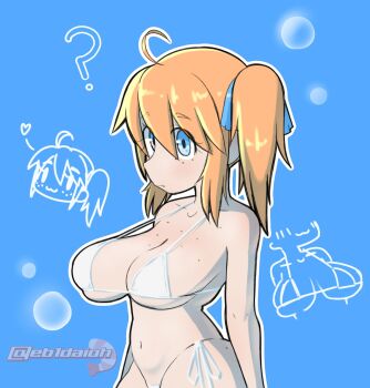 1girl ? ahoge bikini blue_background blue_eyes blue_ribbon breasts bubble cleavage closed_mouth collarbone freckles freckles_on_breasts from_side hair_ribbon highres large_breasts long_hair looking_at_viewer madmex navel orange_hair original outline ponytail ribbon swimsuit watermark white_bikini white_outline white_ribbon