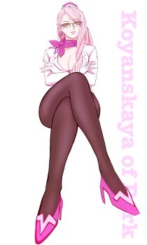 Rule 34 | 1girl, absurdres, breasts, brown pantyhose, character name, cleavage, commentary request, crossed arms, crossed legs, earrings, fate/grand order, fate (series), full body, garrison cap, glasses, gloves, hat, high heels, highres, jacket, jewelry, koyanskaya (fate), koyanskaya (foreigner) (first ascension) (fate), large breasts, long hair, long sleeves, looking at viewer, mcpc zamurai, pantyhose, parted lips, pink hair, pink scarf, scarf, sitting, solo, white gloves, white hat, white jacket, yellow eyes