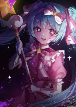 1girl absurdres aqua_hair blood blood_on_face bloody_weapon blush bow dress gloves gyom_i hair_between_eyes hair_bow hairband hatsune_miku highres holding holding_staff ima_sugu_rinne_(vocaloid) looking_at_viewer magical_girl open_mouth pink_bow pink_dress pink_hairband purple_eyes short_sleeves sidelocks solo staff star-shaped_pupils star_(symbol) symbol-shaped_pupils tears teeth twintails upper_teeth_only vocaloid weapon white_bow white_gloves