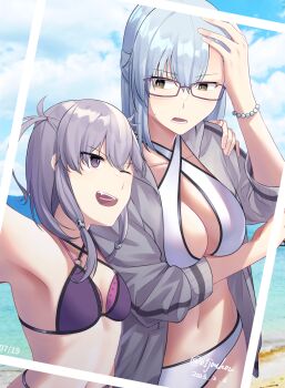 Rule 34 | 2girls, arm under breasts, armpits, beach, bead bracelet, beads, bikini, blue hair, blue sky, border, bracelet, breasts, brown eyes, cleavage, cloud, collarbone, commentary request, dated, day, glasses, grey hair, grey jacket, hair between eyes, half updo, hand on own head, height difference, highres, jacket, jewelry, jouhou, kitora mirja, large breasts, long hair, long sleeves, looking at another, medium hair, multiple girls, navel, ocean, one eye closed, open clothes, open jacket, open mouth, outdoors, purple bikini, purple eyes, shichinosato kofuki, sidelocks, sky, small breasts, smile, standing, stomach, swimsuit, toji no miko, twitter username, v-shaped eyebrows, water, white bikini, white border