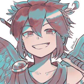 1boy ahoge collarbone commentary dark_pit feathered_wings grin hair_between_eyes kid_icarus kid_icarus_uprising laurel_crown looking_at_viewer male_focus nintendo portrait scarf short_hair sidelocks smile solo twitter_username waffuum wings