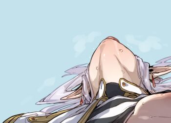 1girl arched_back blue_sky breasts capelet clothes_lift doppel_(bonnypir) elf frieren gold_trim grey_hair head_back heavy_breathing implied_sex long_pointy_ears meme nipples pointy_ears shirt shirt_lift simple_background sky small_breasts solo sousou_no_frieren striped_clothes striped_shirt upper_body upward_angle_frieren_drawing_(meme) white_capelet