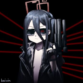 Rule 34 | 1girl, absurdres, alternate costume, amt hardballer longslide, aris (blue archive), black background, black jacket, blue archive, breasts, cleavage, collarbone, commentary, cosplay, fingerless gloves, gloves, glowing, glowing eye, gun, hair between eyes, halo, handgun, highres, holding, holding gun, holding weapon, jacket, kai xin, leather, leather jacket, long hair, looking at viewer, movie poster (medium), one side up, open clothes, open jacket, sidelocks, simple background, small breasts, solo, sunglasses, t-800, t-800 (cosplay), terminator (series), the terminator, weapon