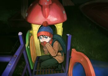 Rule 34 | 1boy, backpack, bag, beanie, black hair, blue eyes, chinese commentary, chun baii, dark, gloves, grass, hand to own mouth, hat, jacket, looking at viewer, male focus, night, outdoors, pants, playground, red gloves, running track, short hair, slide, solo, south park, squatting, stan marsh, vomit, vomiting
