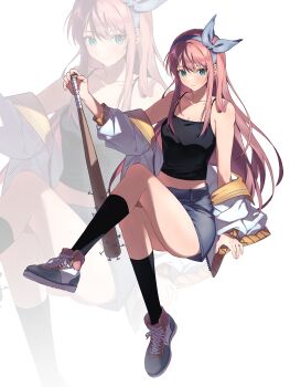 1girl absurdres aubrey_(faraway)_(omori) aubrey_(omori) bare_shoulders baseball_bat black_socks blue_eyes blue_hairband blue_skirt blush breasts cleavage closed_mouth collarbone commentary_request crop_top denim denim_skirt hairband highres holding holding_baseball_bat jacket knee_up kneehighs korean_commentary long_hair long_sidelocks looking_at_viewer nail_(hardware) nail_bat omori open_clothes open_jacket pink_hair shoes short-sleeved_jacket short_sleeves sidelocks skirt small_breasts sneakers socks solo torete_(70re7e) white_jacket zoom_layer