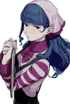 1girl ace_attorney apollo_justice:_ace_attorney blue_hair blunt_bangs closed_mouth commentary_request empty_eyes expressionless hands_up headscarf highres holding holding_sketchbook long_hair long_sleeves looking_at_viewer nyak_il overalls own_hands_together purple_sweater sketchbook solo striped_clothes striped_sweater sweater upper_body vera_misham white_background