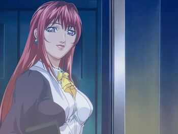 00s 1girl 2003 animated animated_gif anime_screenshot bible_black bible_black_night_of_the_walpulgiss bow breasts classroom earrings jacket jewelry large_breasts lipstick long_hair looking_at_watch makeup mature_female purple_eyes purple_jacket red_hair school shirt skirt smile solo tagme takashiro_hiroko teacher white_shirt window yellow_bow