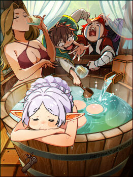 2boys 3girls :3 =_= absurdres ass bandaged_arm bandages bathing bikini blonde_hair blush braid breasts brown_hair capelet closed_eyes commentary constricted_pupils criss-cross_halter crossover crying cup drinking drinking_glass elf english_commentary fern_(sousou_no_frieren) frieren grabbing_another's_hair green_capelet grey_hair halterneck highres holding holding_another's_hair holding_cup jacket kono_subarashii_sekai_ni_shukufuku_wo! large_breasts long_hair long_pointy_ears methode_(sousou_no_frieren) multiple_boys multiple_girls one_eye_closed open_mouth outside_border partially_submerged pervert pinky_out pointy_ears purple_hair red_bikini red_eyes red_hair red_jacket satou_kazuma shirt short_eyebrows snegovski sousou_no_frieren sparkle stark_(sousou_no_frieren) streaming_tears swimsuit tears water water_drop wet white_shirt wide-eyed wooden_bathtub