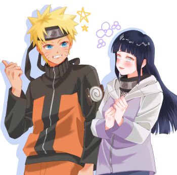 1boy 1girl black_hair black_jacket blonde_hair blue_eyes blush cowboy_shot facial_mark highres hyuuga_hinata jacket long_hair nara17325159213 naruto_(series) naruto_shippuuden orange_jacket parted_lips purple_jacket short_hair simple_background smile uzumaki_naruto whisker_markings white_background white_eyes white_jacket