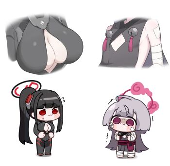 2girls bandaged_arm bandages bell black_hair blue_archive blush breast_envy breasts bug chibi chibi_inset cleavage cleavage_cutout closed_mouth clothing_cutout fly flying_sweatdrops grey_hair halo hashtag-only_commentary highres insect japanese_clothes large_breasts leviathan_lvat long_hair multiple_girls multiple_views ponytail red_eyes rio_(blue_archive) rio_(bodysuit)_(blue_archive) shuro_(blue_archive) simple_background small_breasts tassel trembling very_long_hair white_background