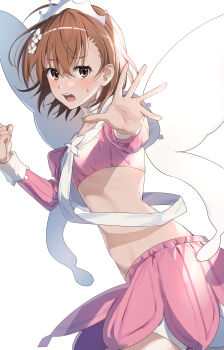 1girl absurdres asymmetrical_bangs blush brown_eyes brown_hair ci31205 clenched_hand commentary_request embarrassed fairy_wings fake_wings from_side great_spirit_revealing_maid_costume hair_between_eyes hair_ornament hairpin highres looking_at_viewer maid misaka_mikoto open_mouth outstretched_arm pink_shrug pink_skirt short_hair shorts shorts_under_skirt shrug_(clothing) skirt solo tiara toaru_kagaku_no_railgun toaru_majutsu_no_index unconventional_maid white_background white_shorts wings