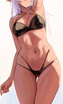 1girl absurdres arm_up armpits bikini black_bikini breasts character_request copyright_request eyes_out_of_frame head_out_of_frame highres long_hair medium_breasts naokomama navel parted_lips pointy_ears simple_background solo stomach swimsuit white_hair